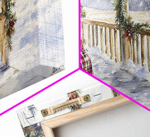 Load image into Gallery viewer, Snowy porch scene with wreaths and holiday greenery, framed canvas print, cozy winter Christmas decor perfect holiday wall display