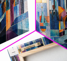 Load image into Gallery viewer, Abstract jazz party scene with grand piano, colorful stained glass aesthetic, framed canvas print ideal vibrant music wall art decor