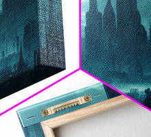 Load image into Gallery viewer, Dystopian Cyberpunk Metropolis, Steampunk Mashup, Extra Large Wall Art, Framed Panoramic Canvas Print, Framed Wall Art
