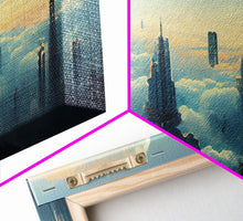 Load image into Gallery viewer, Cyberpunk City Above The Clouds, Futuristic Metropolis, Extra Large Wall Art, Framed Panoramic Canvas Print, Framed Wall Decor
