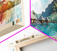 Load image into Gallery viewer, Bora Bora, France Watercolor Beach Print, Vacation Gift, France Wall Art, Framed Canvas Print, Framed Beach Painting