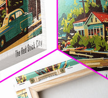 Load image into Gallery viewer, Baton Rouge Louisiana Panoramic Wall Art, Retro Pop Art Framed Canvas Print, Mid Century Modern Travel Poster, Living Room Decor, Office Art