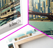Cargar imagen en el visor de la galería, Chicago Illinois Panoramic Painting, Mid Century Modern Framed Canvas Print, Retro Pop Art Travel Poster, Wall Decor, Gift Idea, Home Decor