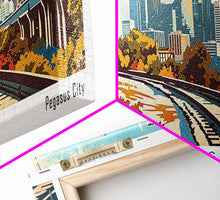 Load image into Gallery viewer, Dallas Texas Panoramic Wall Art, Retro Pop Art Framed Canvas Print, Mid Century Modern Travel Poster, Living Room Decor, Office Art