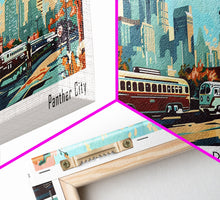 Carregar imagem no visualizador da galeria, Fort Worth Texas Panoramic Wall Art, Mid Century Modern Framed Canvas Print, Retro Pop Art Travel Poster, Office Art, Living Room Decor