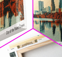 Carregar imagem no visualizador da galeria, Austin Texas Panoramic Painting, Mid Century Modern Framed Canvas Print, Retro Pop Art Travel Poster, Home Decor, City Art