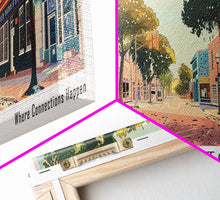 Cargar imagen en el visor de la galería, Carrollton Texas Panoramic Painting, Mid Century Modern Framed Canvas Print, Retro Pop Art Travel Poster, Office Wall Art, City Print