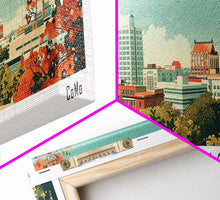 Load image into Gallery viewer, Columbia Missouri Panoramic Wall Art, Mid Century Modern Framed Canvas Print, Retro Pop Art Travel Poster, City Home Decor, Office Wall Art