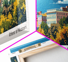 Load image into Gallery viewer, Columbia Missouri Panoramic Wall Art, Mid Century Modern Framed Canvas Print, Retro Pop Art Travel Poster, City Home Decor, Office Wall Art