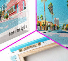 Load image into Gallery viewer, Downey California Panoramic Wall Art, Mid Century Modern Framed Canvas Print, Retro Pop Art Travel Poster, City Living Room Decor, Home Decor