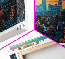 Load image into Gallery viewer, Durham North Carolina Panoramic Painting, Mid Century Modern Framed Canvas Print, Retro Pop Art Travel Poster, City Wall Art, Office Decor