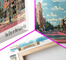 Load image into Gallery viewer, Elgin Illinois Panoramic Painting, Mid Century Modern Framed Canvas Print, Retro Pop Art Travel Poster, City Wall Art, Living Room Decor