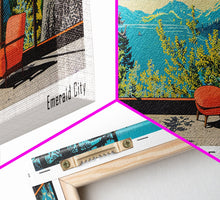 Carregar imagem no visualizador da galeria, Eugene Oregon Panoramic Art, Mid Century Modern Framed Canvas Print, Retro Pop Art Travel Poster, Office Wall Decor
