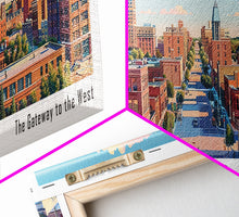 Cargar imagen en el visor de la galería, Fargo North Dakota Panoramic Painting, Mid Century Modern Framed Canvas Print, Retro Pop Art Travel Poster, City Wall Art