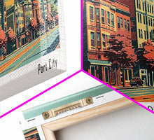 Carregar imagem no visualizador da galeria, Alexandria Virginia Panoramic Painting, Framed Canvas Print, Mid Century Modern Wall Art, Retro Pop Art Travel Poster, Living Room Decor, City Art