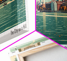 Load image into Gallery viewer, Boston Massachusetts Panoramic Painting, Framed Canvas Print, Mid Century Modern Wall Art, Retro Pop Art Travel Poster, Home Decor, City Art