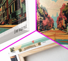 Cargar imagen en el visor de la galería, Cary North Carolina Panoramic Painting, Framed Canvas Print, Mid Century Modern Wall Art, Retro Pop Art Travel Poster, Living Room Decor, City Art