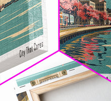 Cargar imagen en el visor de la galería, Chesapeake Virginia Panoramic Painting, Framed Canvas Print, Mid Century Modern Wall Art, Retro Pop Art Travel Poster, Living Room Decor, City Art