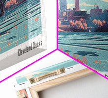 Cargar imagen en el visor de la galería, Cleveland Ohio Panoramic Painting, Framed Canvas Print, Mid Century Modern Wall Art, Retro Pop Art Travel Poster, Living Room Decor, City Art