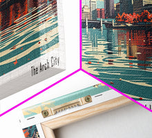 Load image into Gallery viewer, Columbus Ohio Panoramic Painting, Framed Canvas Print, Mid Century Modern Wall Art, Retro Pop Art Travel Poster, Living Room Decor, City Art