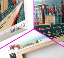 Carregar imagem no visualizador da galeria, Eugene Oregon Panoramic Painting, Framed Canvas Print, Mid Century Modern Wall Art, Retro Pop Art Travel Poster, Office Decor, City Art