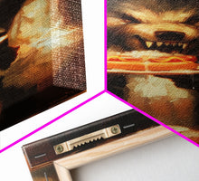 Load image into Gallery viewer, Halloween Werewolf Eating Hotdog, Framed Canvas Print, Wall Art, Spooky Artwork, Fantasy Decor, Halloween Decor, Whimsical Funny Halloween