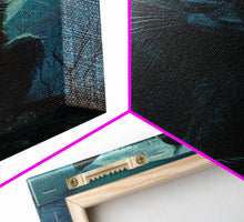 Load image into Gallery viewer, Black Cat with Piercing Eyes Against Full Moon | Halloween Wall Art | Spooky Home Decor | Creepy Black Cat Painting | Framed Canvas Print