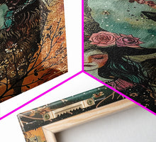 Load image into Gallery viewer, Elegant Witch with Tortoise - Halloween Art, Gothic Art, Spooky Decor, Dark Nature Art, Haunting Portrait, Framed Canvas Print