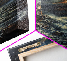 Load image into Gallery viewer, Eerie Castle on Cliff, Halloween Art Print, Spooky Home Decor, Framed Canvas Print, Creepy Art, Halloween Wall Decor, Seasonal Wall Art