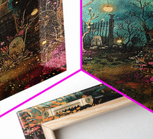 Load image into Gallery viewer, Gate to Haunted Cemetery Framed Canvas Print, Wall Art, Spooky Graveyard Art, Eerie Home Decor, Halloween Forest Painting, Spooky Graveyard