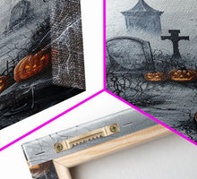 Load image into Gallery viewer, Eerie Graveyard with Pumpkins Framed Canvas Print, Halloween Wall Art, Spooky Cemetery, Home Decor, Gothic Artwork, Living Room Art, Creepy