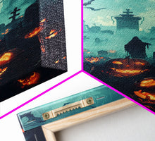 Load image into Gallery viewer, Bats and Jack-O-Lanterns Framed Canvas Print, Halloween Wall Art, Haunted Graveyard, Home Decor, Spooky Art, Living Room Decor, Gothic Art