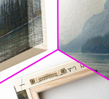 Load image into Gallery viewer, Bowman Lake Montana Framed Canvas Print, Panoramic Lake House Decor, Wall Art, Travel Poster, Rustic Lake Painting, Nature Art