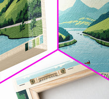 Load image into Gallery viewer, Allegheny Reservoir New York Framed Canvas Print, Panoramic Travel Poster, Pop Art, Midcentury Modern Wall Art, Lake House Art