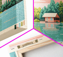 Load image into Gallery viewer, Banning Lake Indiana Framed Canvas Print, Panoramic Travel Poster, Midcentury Modern Wall Art, Pop Art, Bedroom Decor