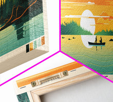 Load image into Gallery viewer, Basin Lake Saskatchewan Framed Canvas Print, Panoramic Wall Art, Midcentury Modern Lake House Decor, Pop Art, Travel Poster, Scenic Living Room Art