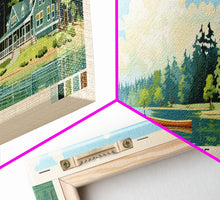 Load image into Gallery viewer, Bass Lake Indiana Framed Canvas Print, Panoramic Travel Poster, Midcentury Modern Wall Art, Pop Art, Nature Bedroom Decor, Lake House Art, Scenic Lake House