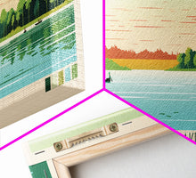 Load image into Gallery viewer, Big Barbee Lake Indiana Framed Canvas Print, Panoramic Travel Poster, Midcentury Modern Wall Art, Pop Art, Nature Living Room Art, Lake House Decor