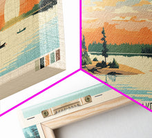 Load image into Gallery viewer, Big Sandy Lake Saskatchewan Framed Canvas Print, Panoramic Travel Poster, Midcentury Modern Wall Art, Pop Art, Lake House Decor, Nature Art