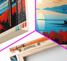 Load image into Gallery viewer, Bluenose Lake Nunavut Framed Canvas Print, Panoramic Travel Poster, Midcentury Modern Wall Art, Pop Art, Nature Bedroom Decor, Scenic Lake House Art