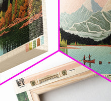 Load image into Gallery viewer, Bowman Lake Montana Framed Canvas Print, Panoramic Wall Art, Midcentury Modern, Pop Art, Travel Poster, Scenic Living Room Art, Lake House Decor