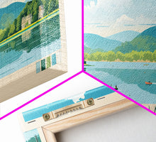 Carregar imagem no visualizador da galeria, Candlewood Lake Connecticut Framed Canvas Print, Pop Art Panoramic Travel Poster, Midcentury Modern, Wall Art, Scenic Nature Painting, Bedroom Decor