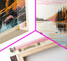 Cargar imagen en el visor de la galería, Churchill Lake Saskatchewan Framed Canvas Print, Midcentury Modern Panoramic Wall Art, Living Room Decor, Pop Art, Travel Poster Art, Scenic Nature Painting, Lake House Decor