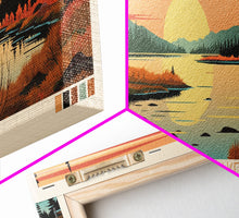 Cargar imagen en el visor de la galería, Colville Lake Northwest Territories Framed Canvas Print, Pop Art Panoramic Travel Poster, Bedroom Decor, Midcentury Modern, Wall Art, Scenic Lake House, Nature Art