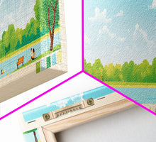 Load image into Gallery viewer, Crab Orchard Lake Illinois Framed Canvas Print, Midcentury Modern Panoramic Wall Art, Living Room Decor, Pop Art, Travel Poster Art, Scenic Nature Painting, Lake House Decor