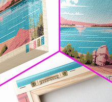 Load image into Gallery viewer, El Vado Lake New Mexico Framed Canvas Print, Panoramic Art, Midcentury Modern, Pop Art, Bedroom Decor, Travel Poster, Serene Lake Art