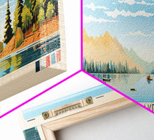 Carregar imagem no visualizador da galeria, Flathead Lake Montana Framed Canvas Print, Panoramic Wall Art, Midcentury Modern, Pop Art, Bedroom Decor, Travel Poster, Nature Painting, Artistic Decor