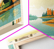 Load image into Gallery viewer, Knee Lake Manitoba Framed Canvas Print, Panoramic Wall Art, Midcentury Modern, Pop Art, Bedroom Art, Travel Poster, Lake House Art