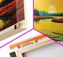 Load image into Gallery viewer, Stump Lake, North Dakota Framed Canvas Print, Lake House Art, Midcentury Modern Decor, Pop Art, Travel Poster, Living Room Wall Art