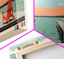 Load image into Gallery viewer, West Okoboji Lake, Iowa Panoramic Framed Canvas Print, Lake House Art, Midcentury Modern Decor, Pop Art, Travel Poster, Bedroom Wall Art